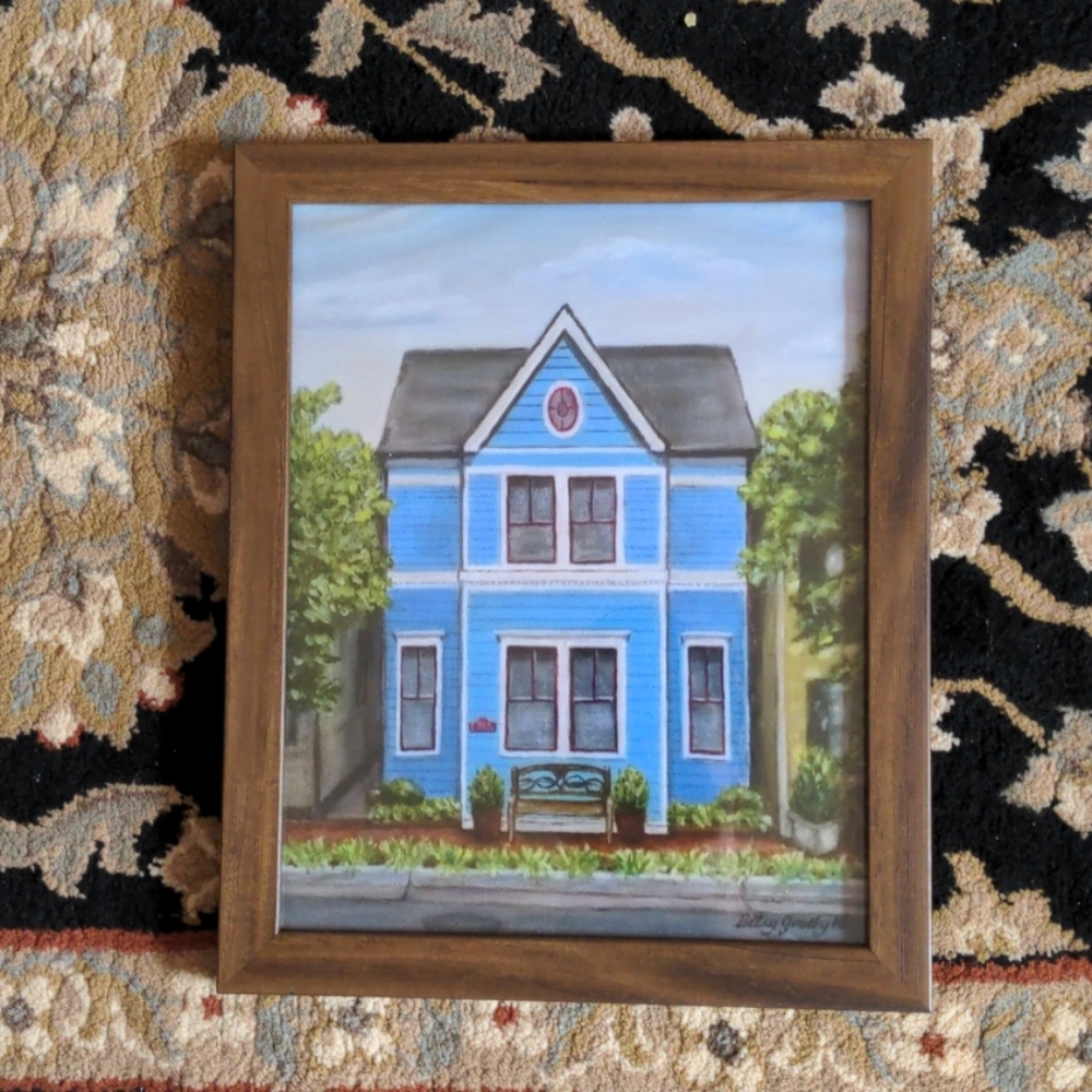 Framed print of blue colonial victorian farmhouse